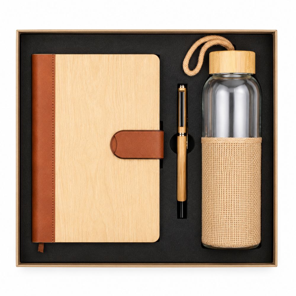 Wooden Notebook Bottle Gift Set with Eco Pen