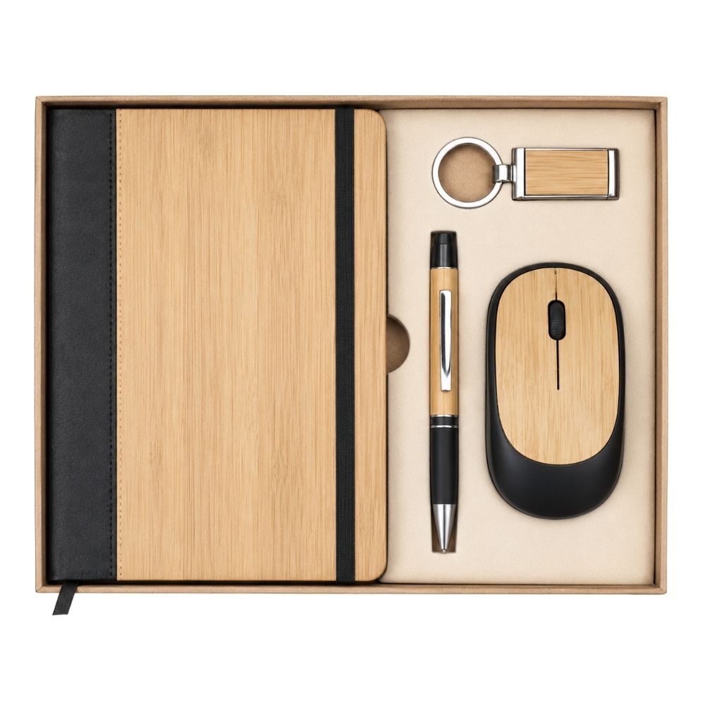 Wooden Notebook Mouse Pen Keychain Gift Set