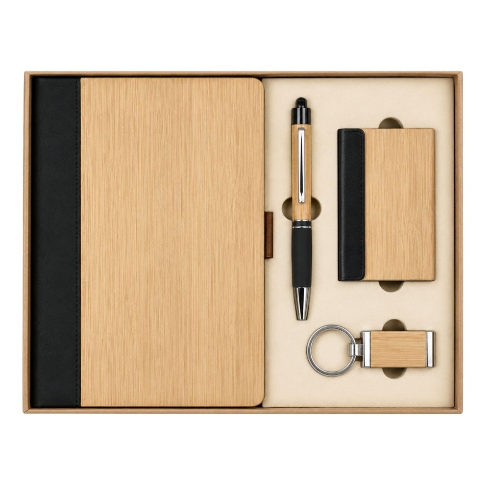 Wooden Notebook Card Holder Pen Keychain Gift Set
