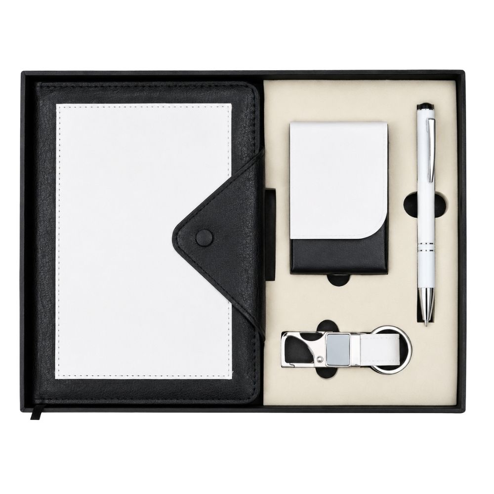 Black Tri-Flap Notebook Card Holder Pen Keychain Gift Set