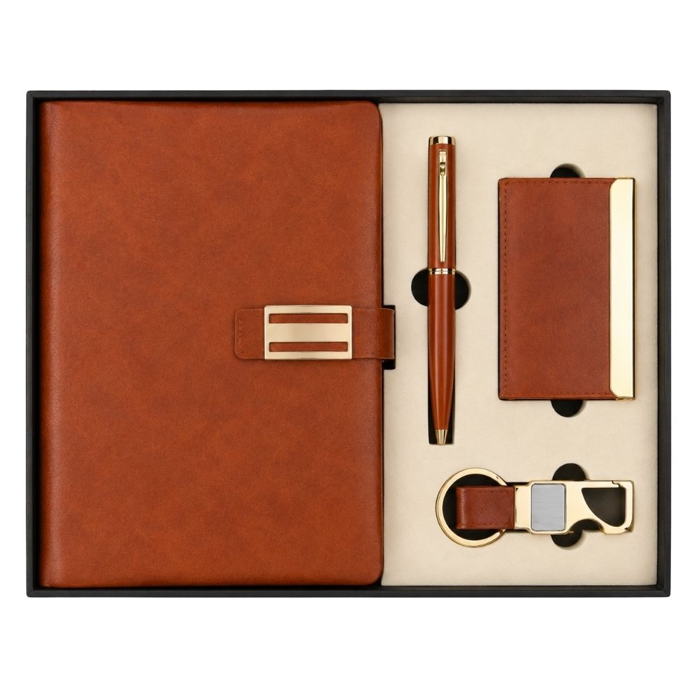 Tan Lock Notebook Card Holder Pen Keychain Gift Set
