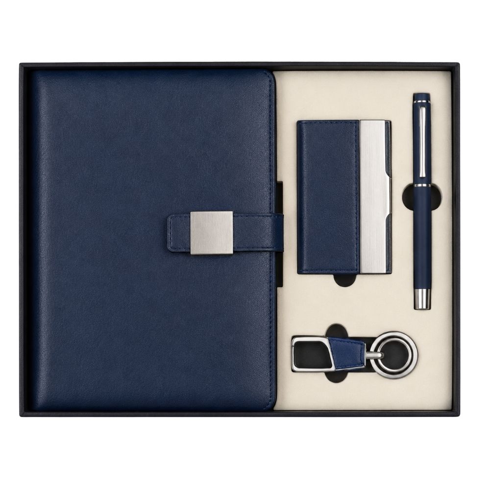 Blue Notebook Card Holder Pen Keychain Gift Set