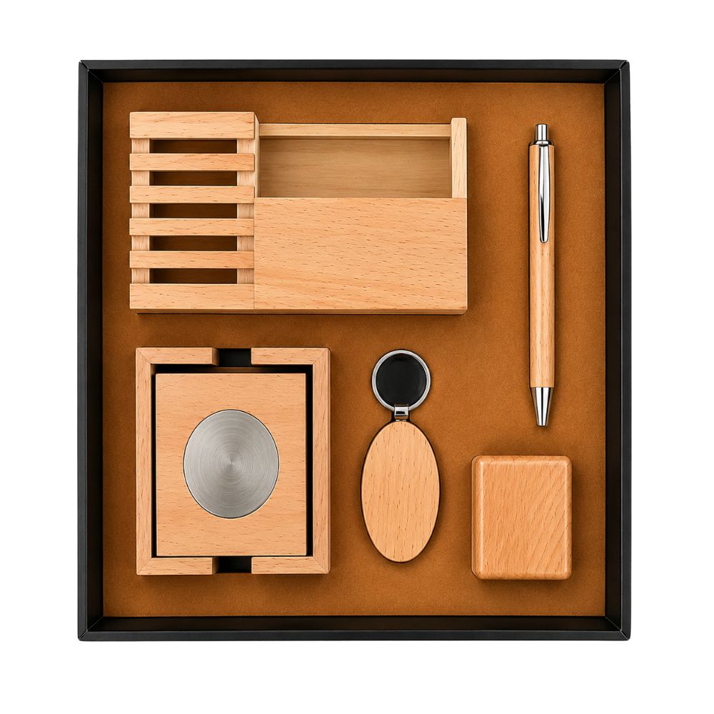 5 in 1 Wooden Desk Organizer Gift Set for Corporate Gifting