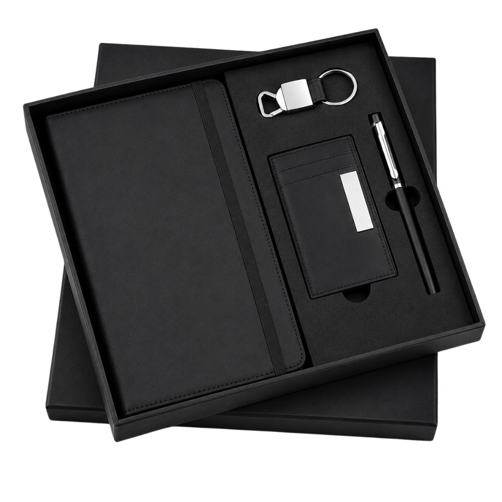 Black Elastic 4-in-1 Pen, Diary, Cardholder and Keychain Gift Set