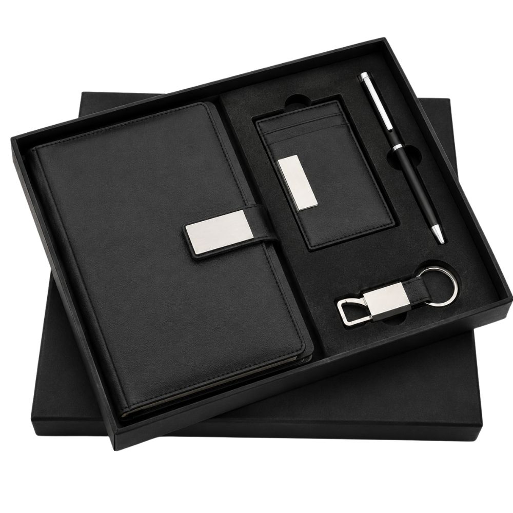 Black & Brown 4-in-1 Executive Diary Gift Set with Pen, Keychain and Cardholder