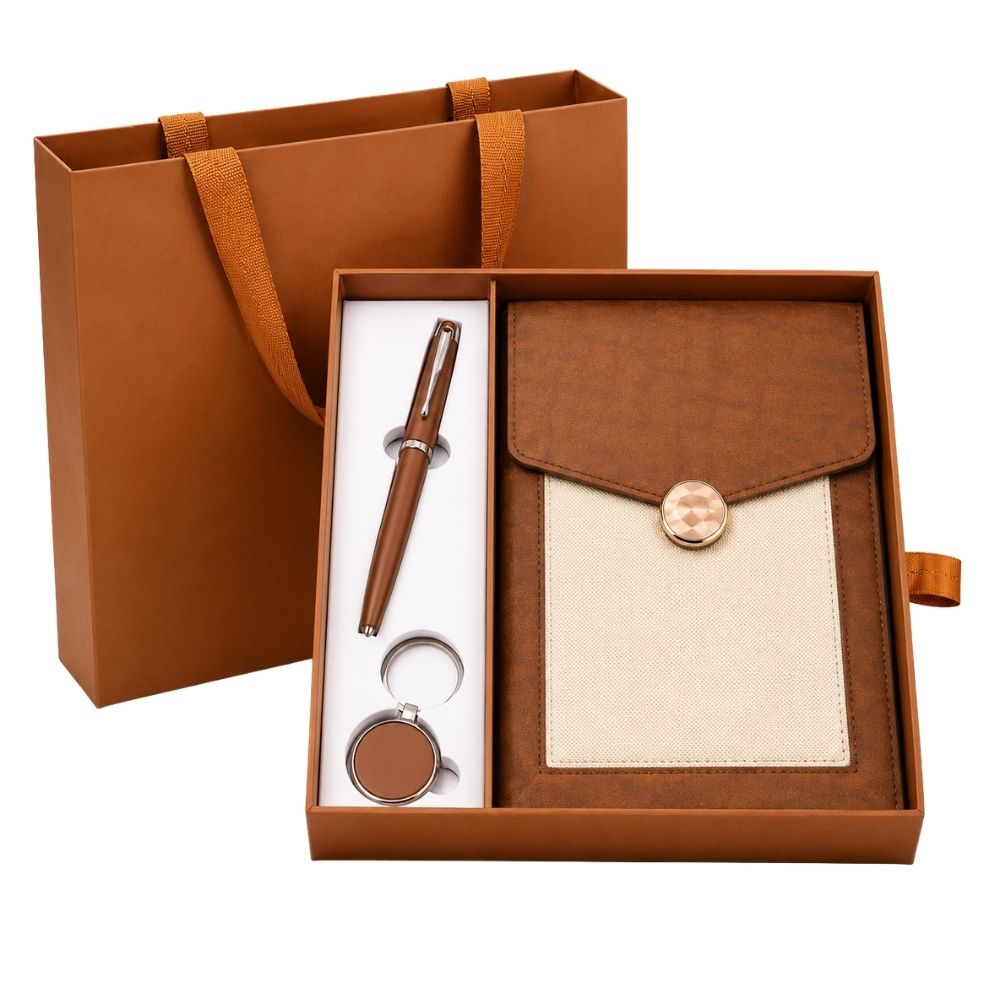Brown Personalized Corporate Gift Set Featuring Diary, Pen and Keychain