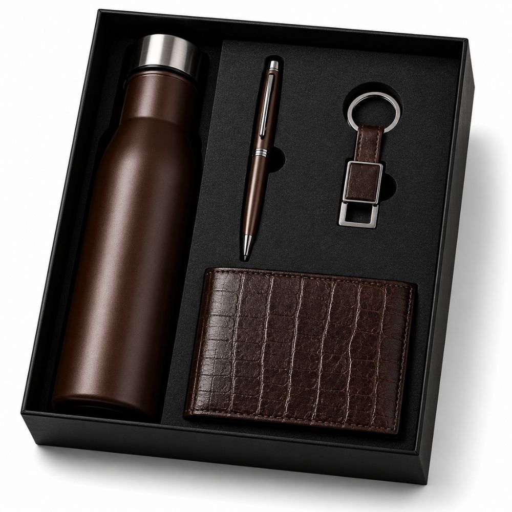 Executive Flask, Wallet, Pen and Keychain Gift Set