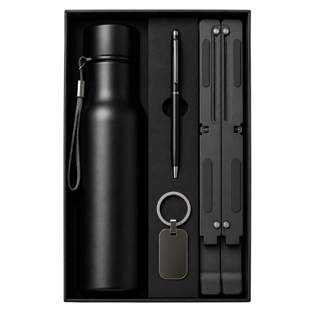 4 in 1 Premium Black Corporate Gift Set Bottle, Pen, Keychain & Laptop Stand