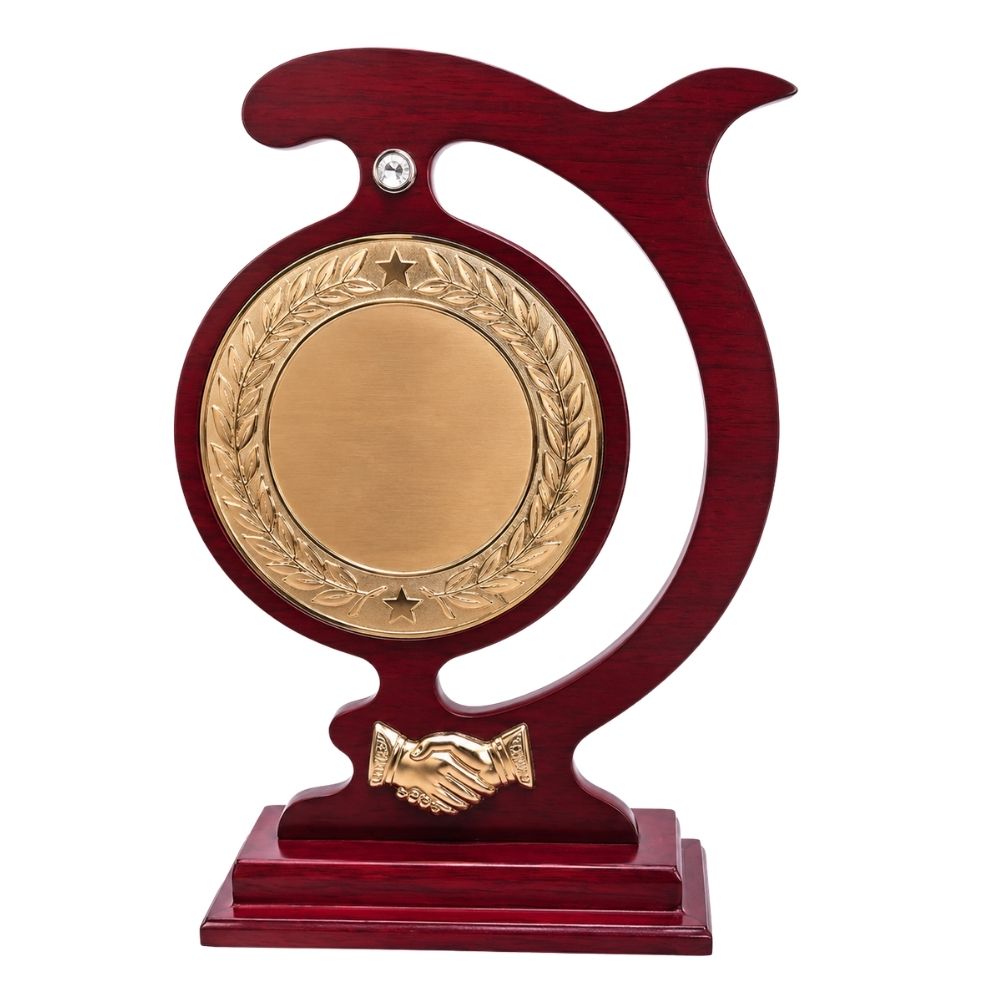 wooden memento trophy with a polished brown finish and a circular gold plate
