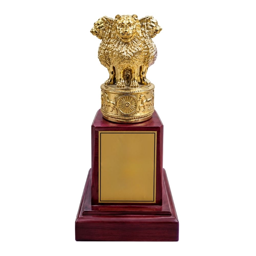 Golden Ashoka Lion Trophy with Wooden Base – Premium Corporate Award Memento