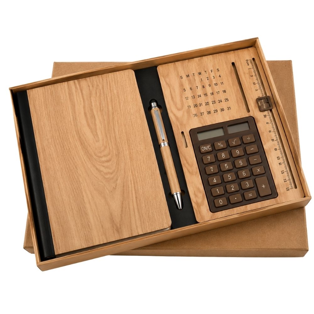 Eco-Friendly Wooden Gift Set with Diary, Calendar and Pen
