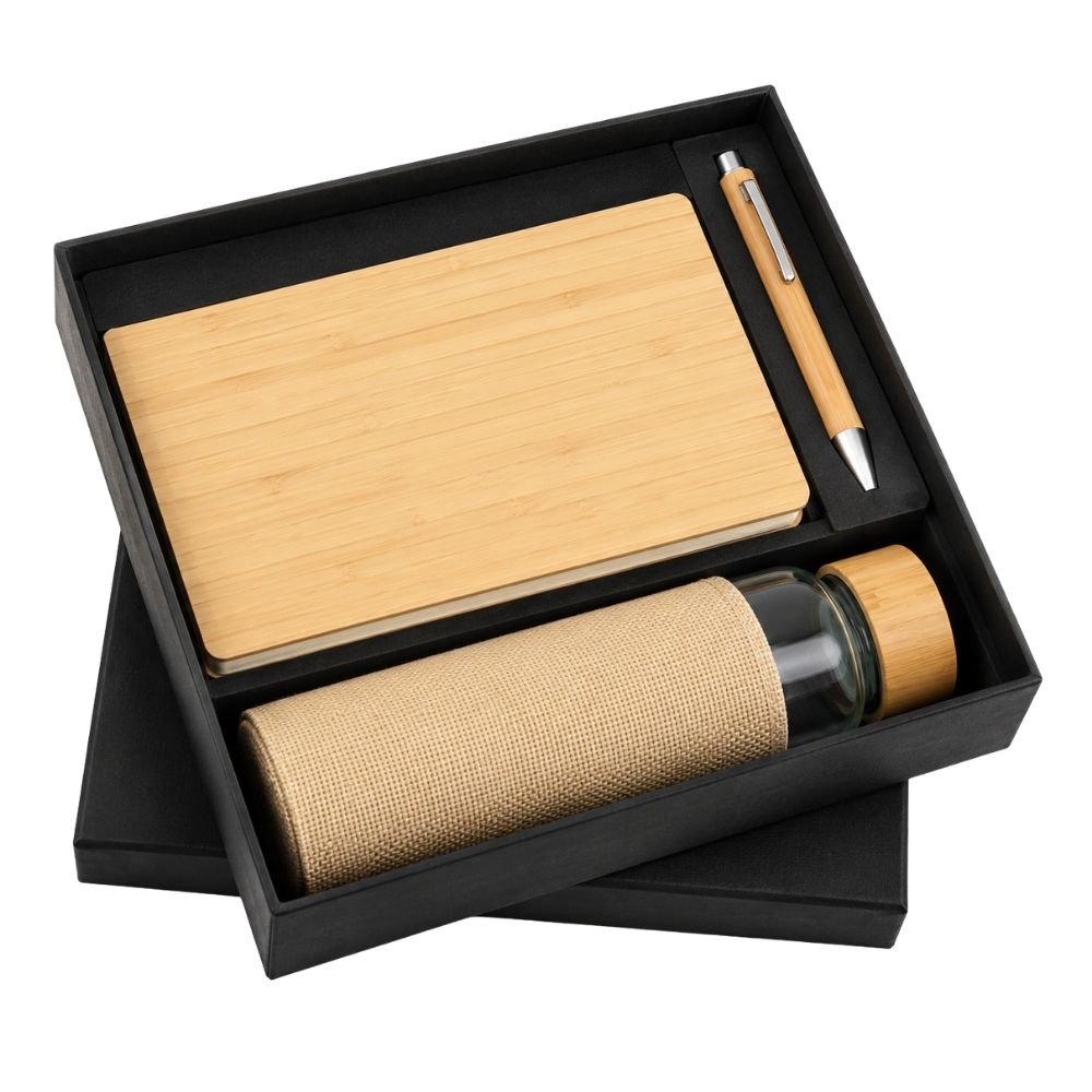 Eco-Friendly Wooden Notebook and Bottle Gift Set