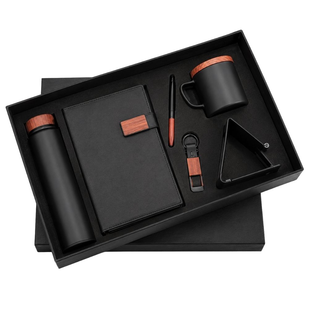 Black and Wood-Finish 6-in-1 Corporate Gift Set