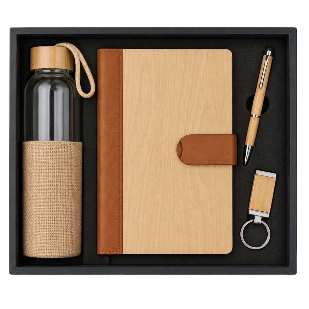 Eco Wood Notebook, Bottle, Pen & Keychain Gift Set