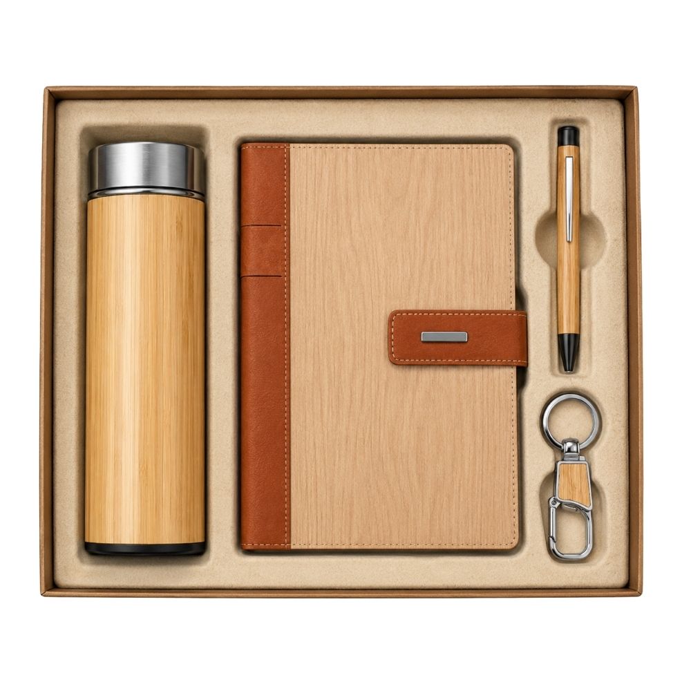 Bamboo Luxe Notebook, Flask, Pen & Keychain Gift Set