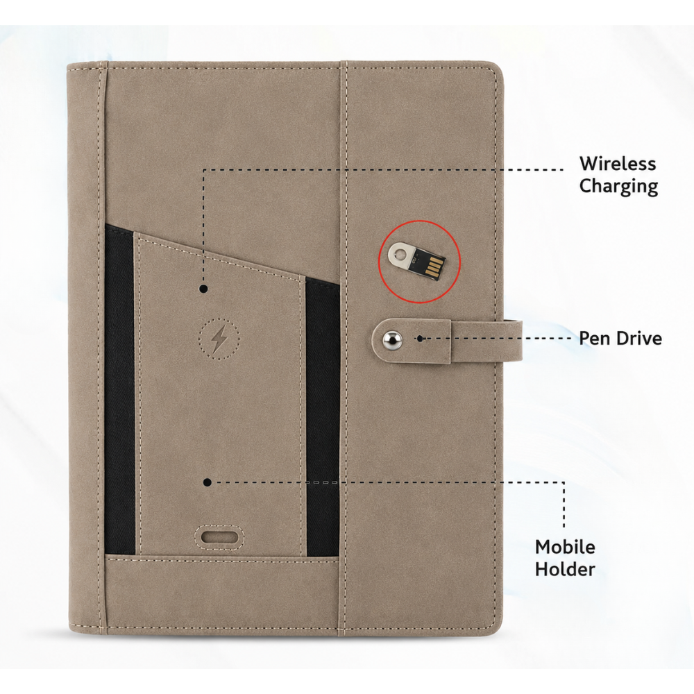 A5 Wireless Power Bank Diary Folder with Mobile Holder & 16GB Pen Drive