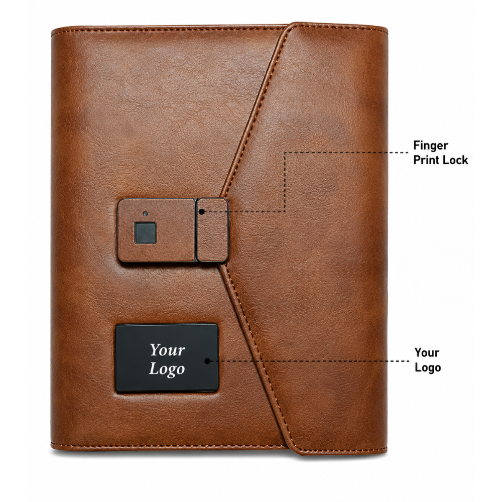 A5 Wireless Power Bank Diary Folder with Fingerprint Lock & LED Logo