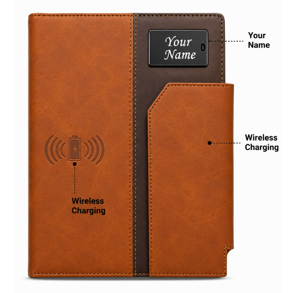 A5 Wireless Power Bank Diary Folder with Fingerprint Lock, LED Logo & Digital Display