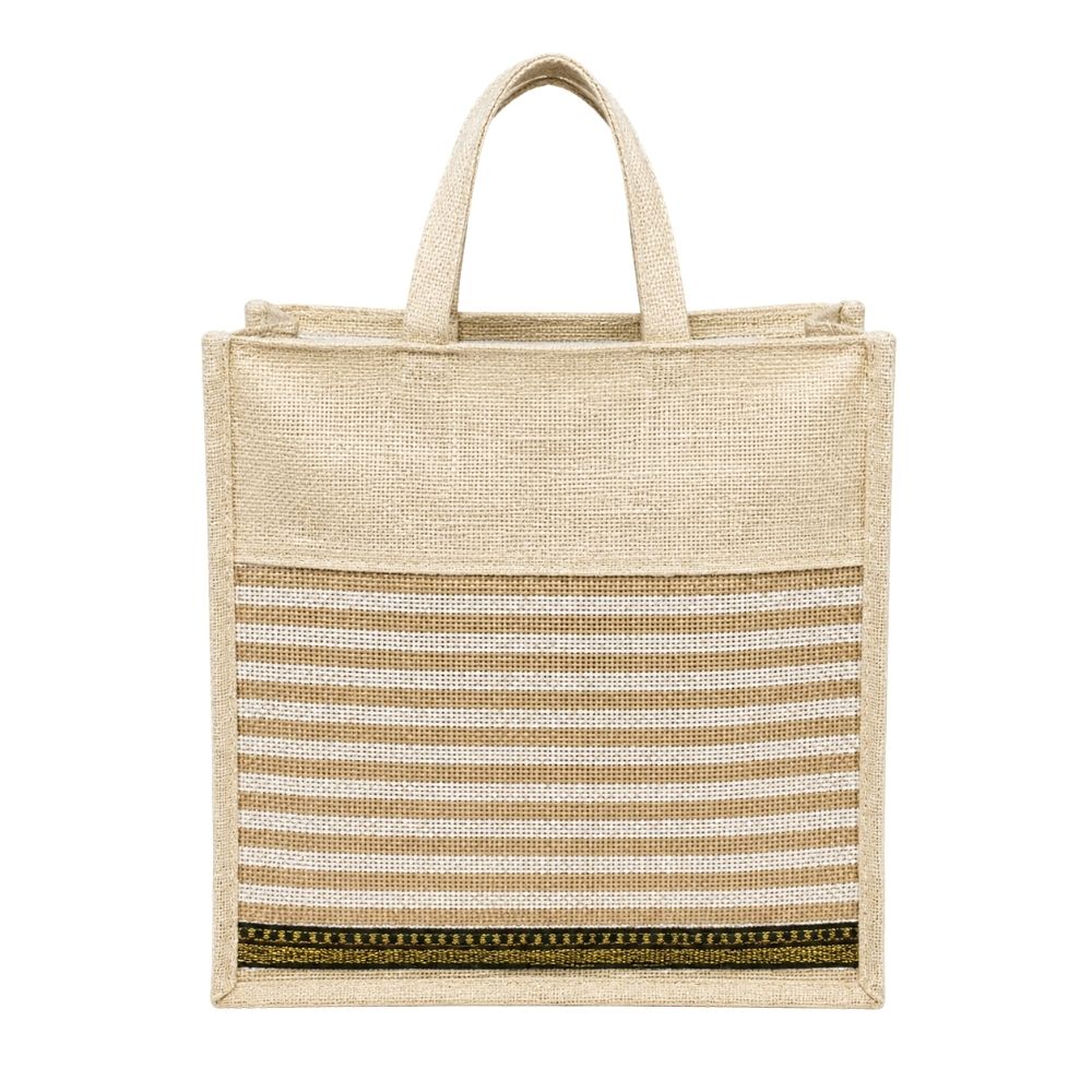 Jute Zipper Tote Bag with Decorative Stripe Panel
