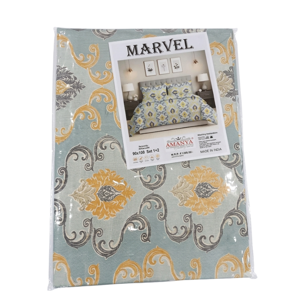 Marvel Blue & Mustard Floral Pure Cotton Double Bedsheet with 2 Pillow Covers | 90×100 Inches