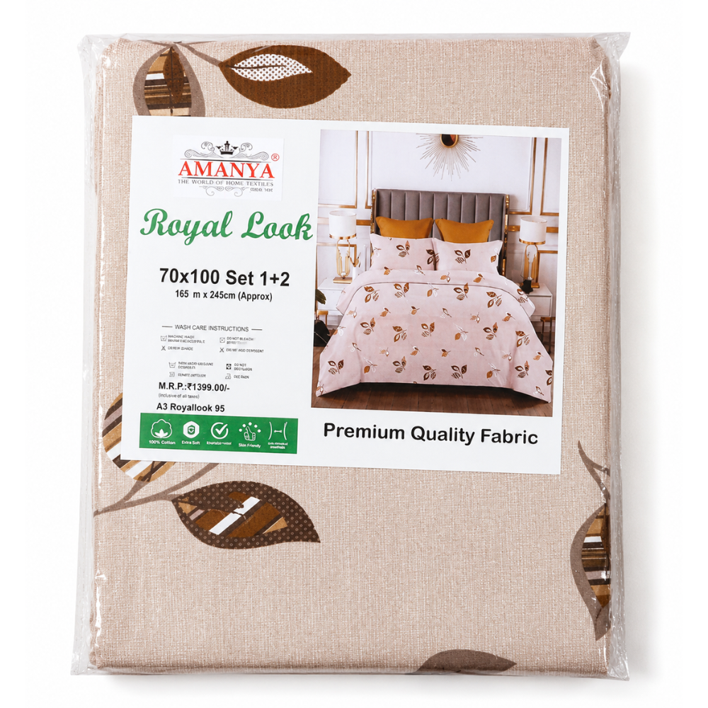 Pure Cotton Double Bedsheet with 2 Pillow Covers | Royal Look Leaf Print 70×100 Inches