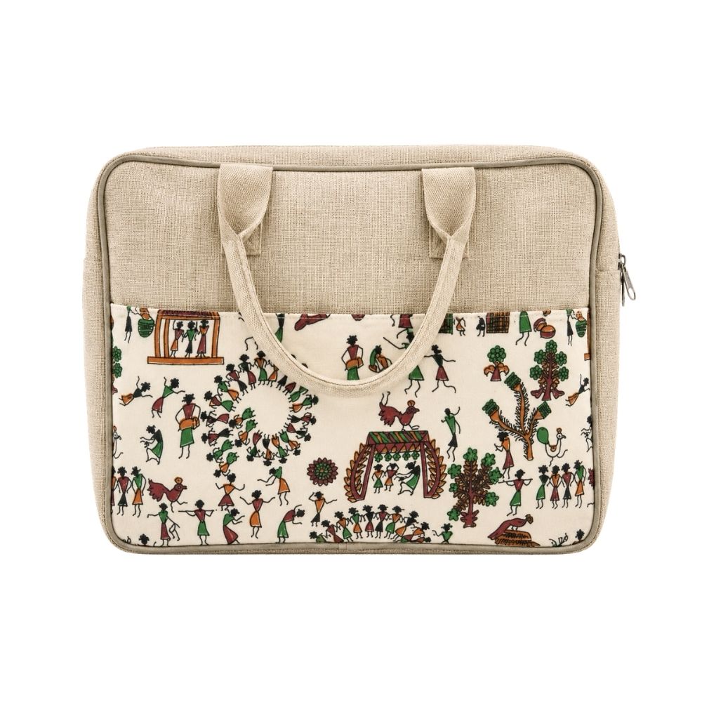 Designer Jute Laptop Bag with Printed Front Pocket