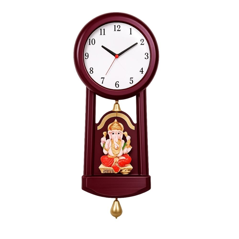 Wooden Pendulum Wall Clock with Ganesh Ji Murti | Customized Corporate Gift