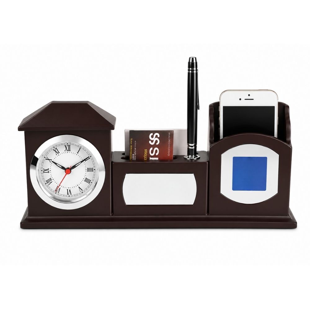 Wooden Desktop Organizer with Clock | Customized Corporate Gift