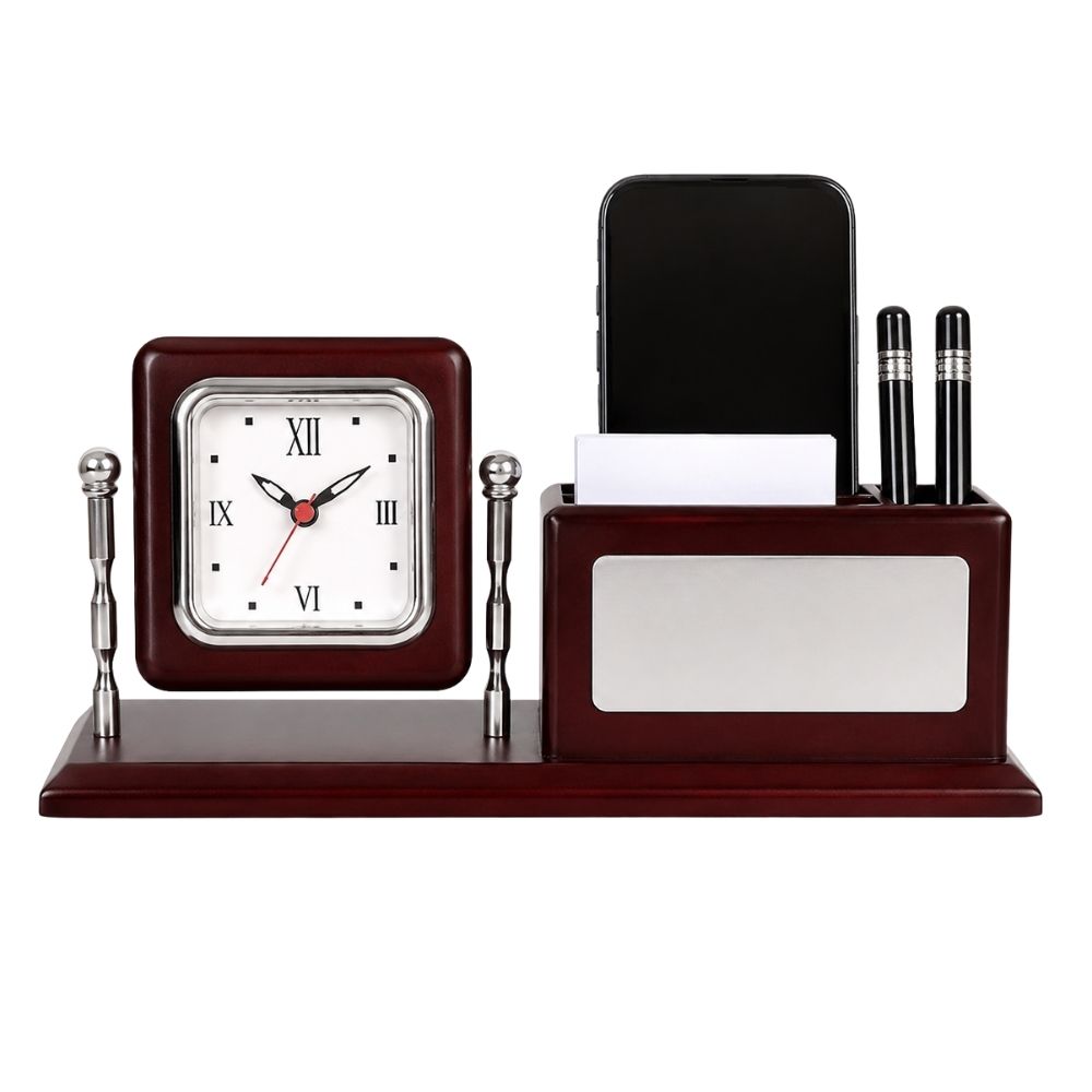 Wooden Desktop Organizer with Clock | Customized Corporate Gift