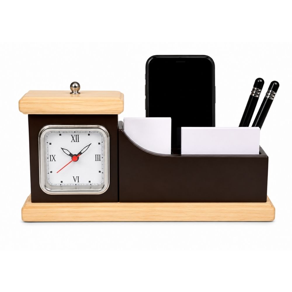 Wooden Desktop Organizer with Clock | Customized Corporate Gift