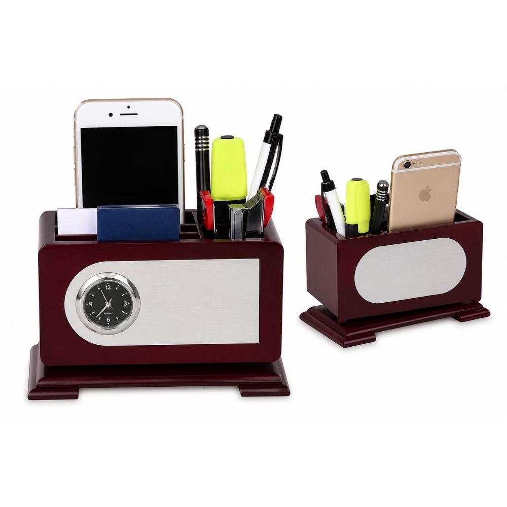 Wooden Revolving Desktop Organizer with Clock | Customized Corporate Gift