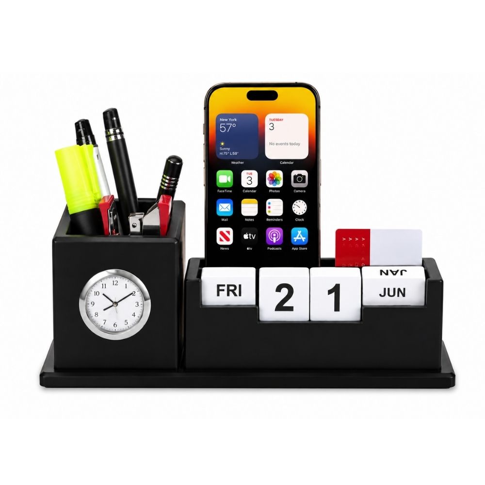 Wooden Desktop Organizer with Clock | Customized Corporate Gift
