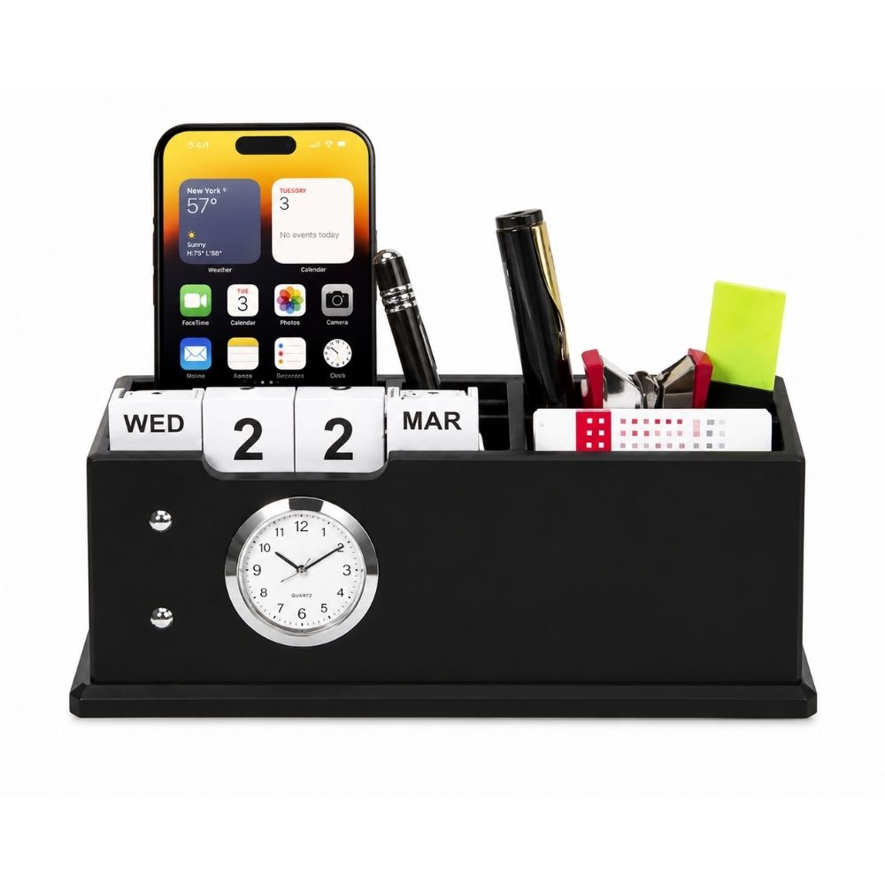 Wooden Desktop Organizer with Clock | Customized Corporate Gift