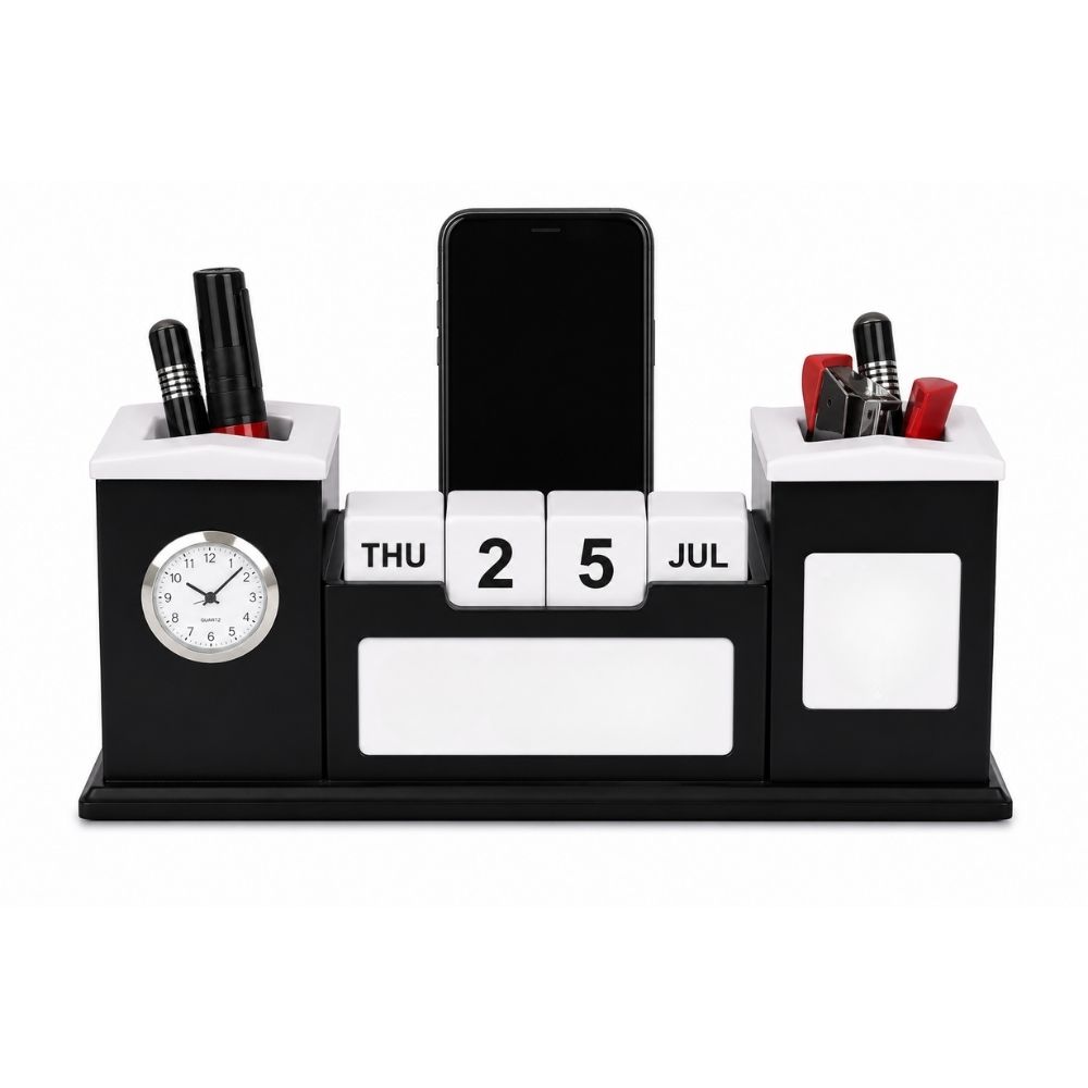 Wooden Desktop Organizer with Clock | Customized Corporate Gift