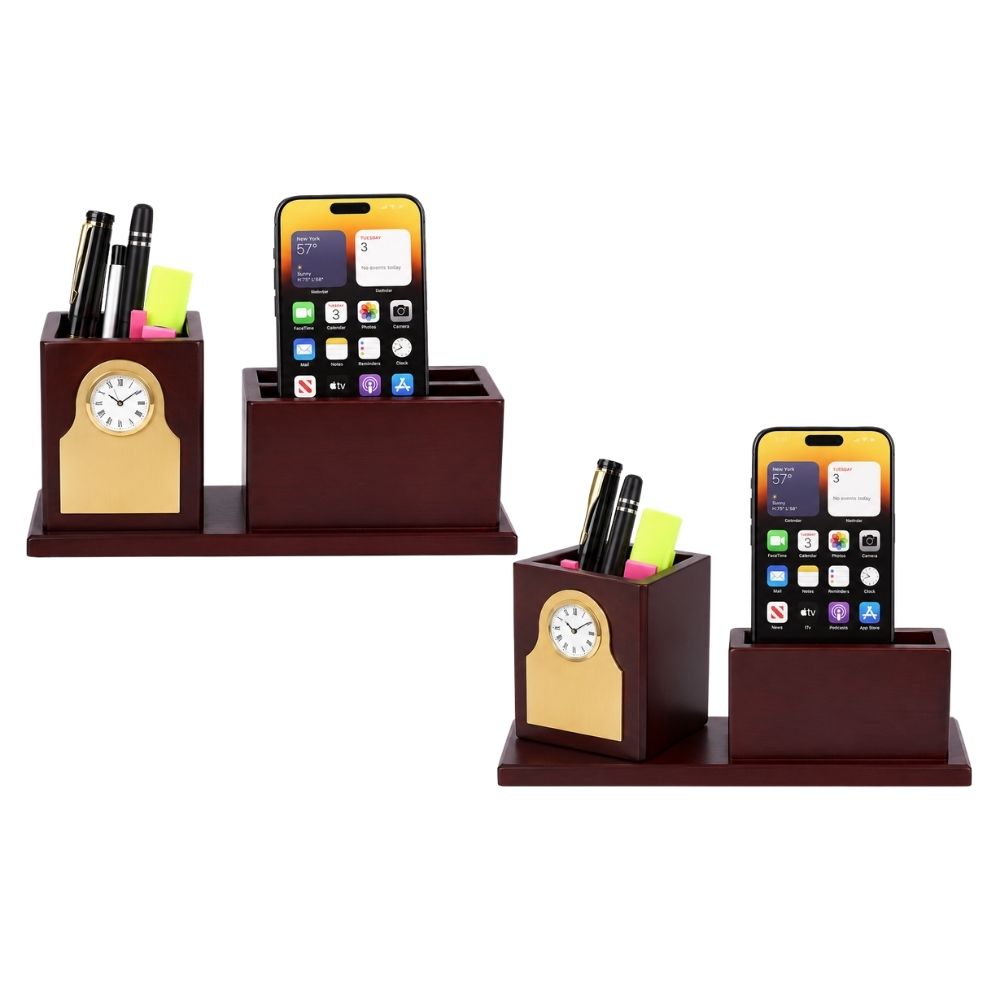 Wooden Revolving Desktop Organizer with Clock | Customized Corporate Gift