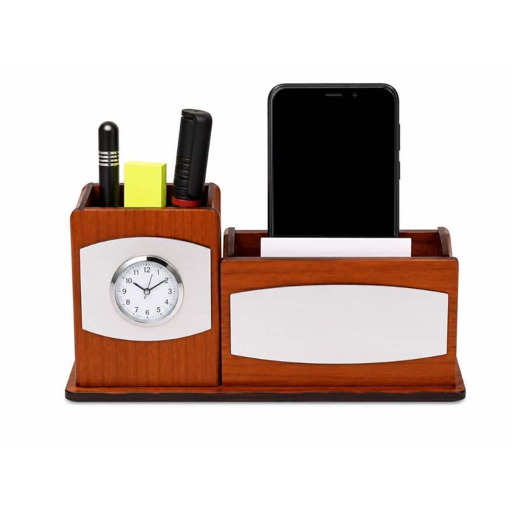 Wooden Desktop Organizer with Clock | Customized Corporate Gift