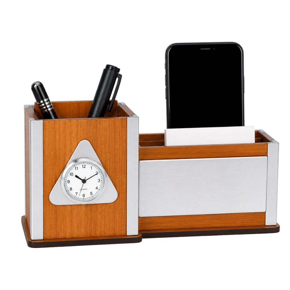 Wooden Desktop Organizer with Clock | Customized Corporate Gift