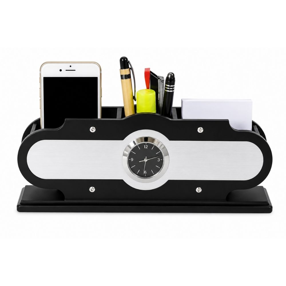 Wooden Desktop Organizer with Clock | Customized Corporate Gift