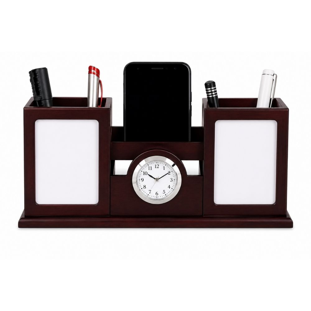 Wooden Desktop Organizer with Clock | Customized Corporate Gift