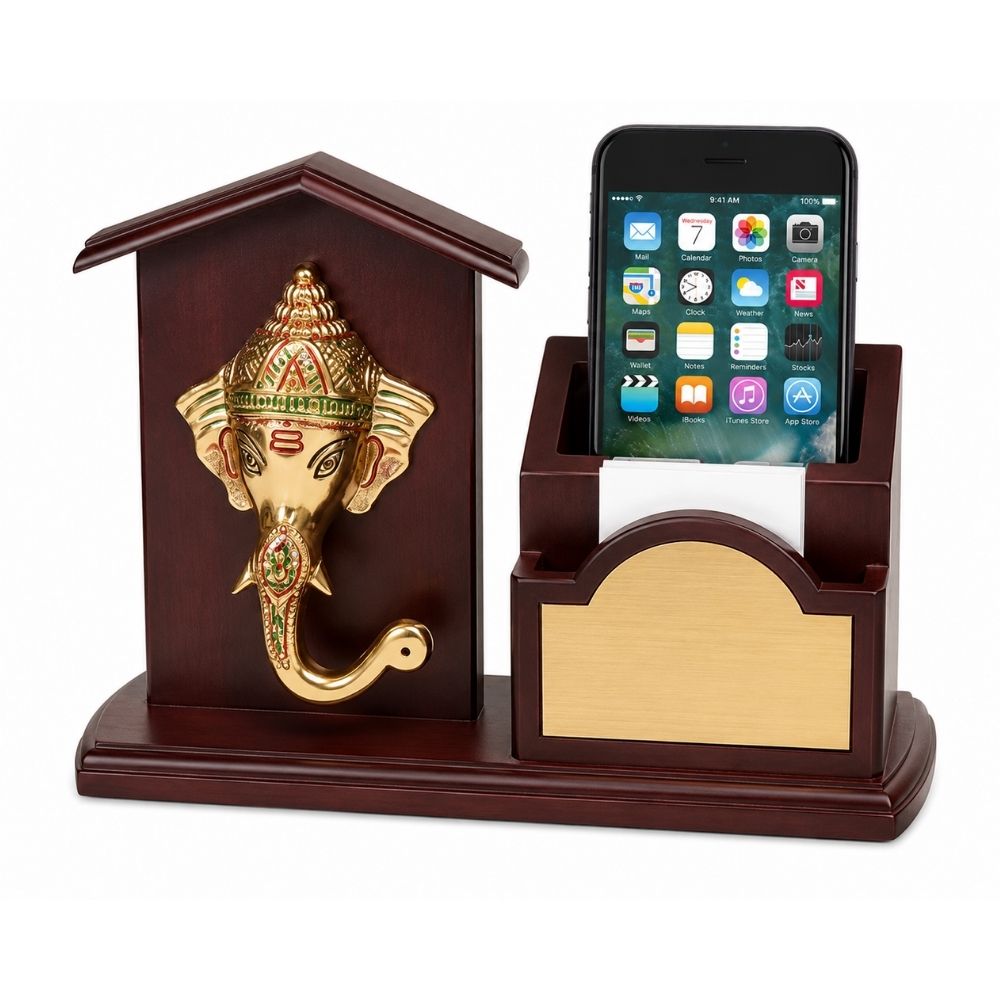 Wooden Desktop Organizer with Ganesh Ji Murti | Customized Corporate Gift