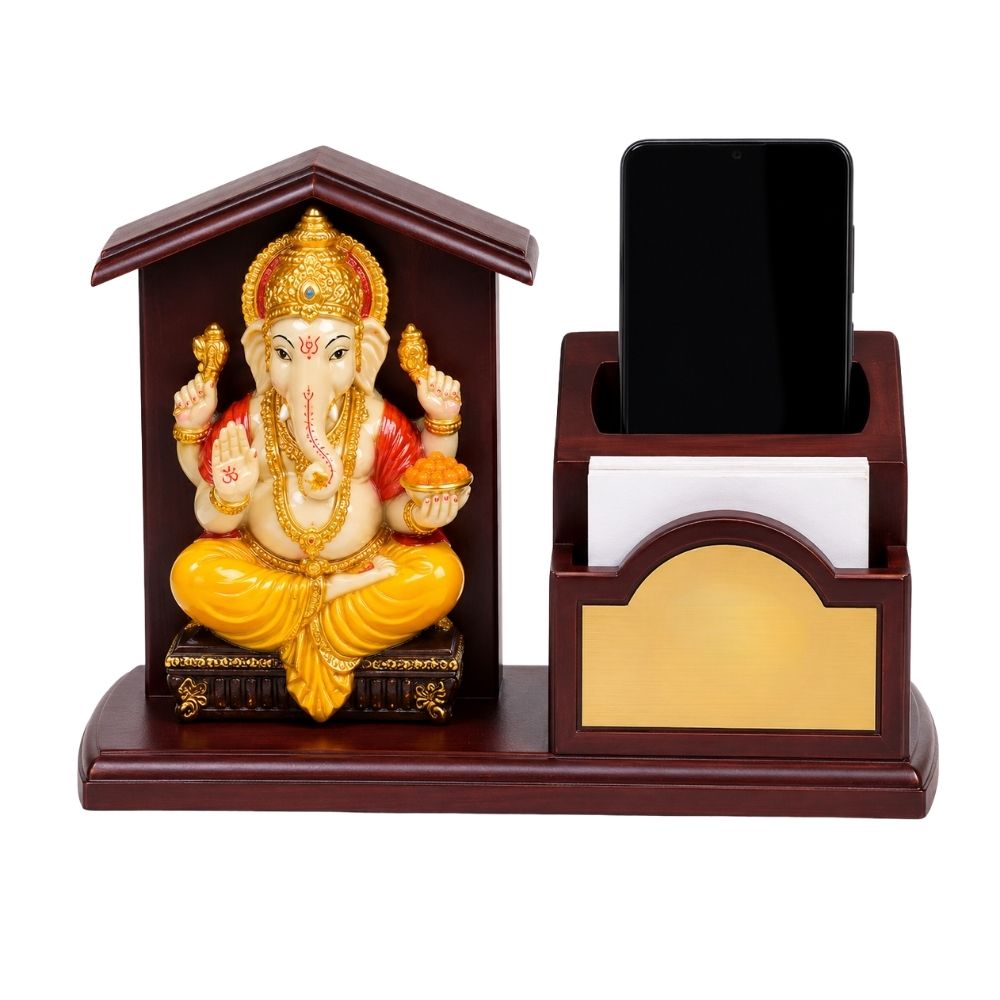 Wooden Desktop Organizer with Ganesh Ji Murti | Customized Corporate Gift