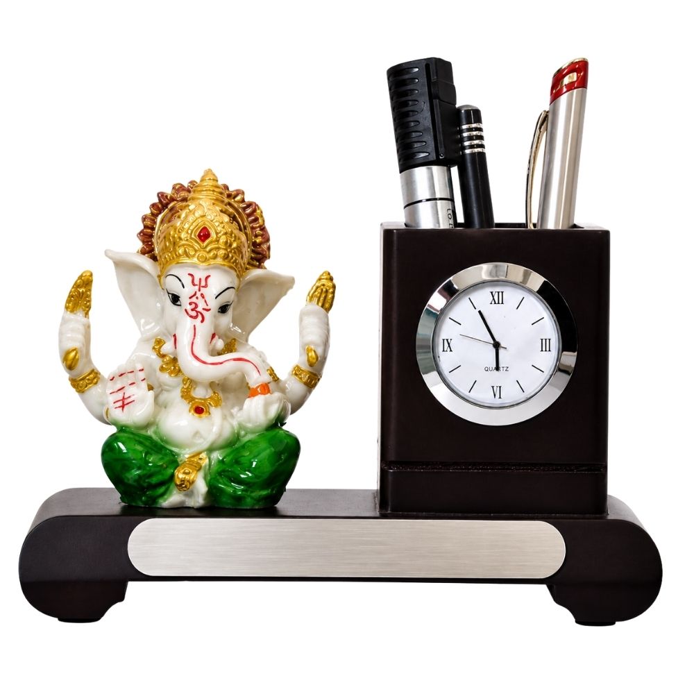Wooden Desktop Organizer with Ganesh Ji Murti | Customized Corporate Gift