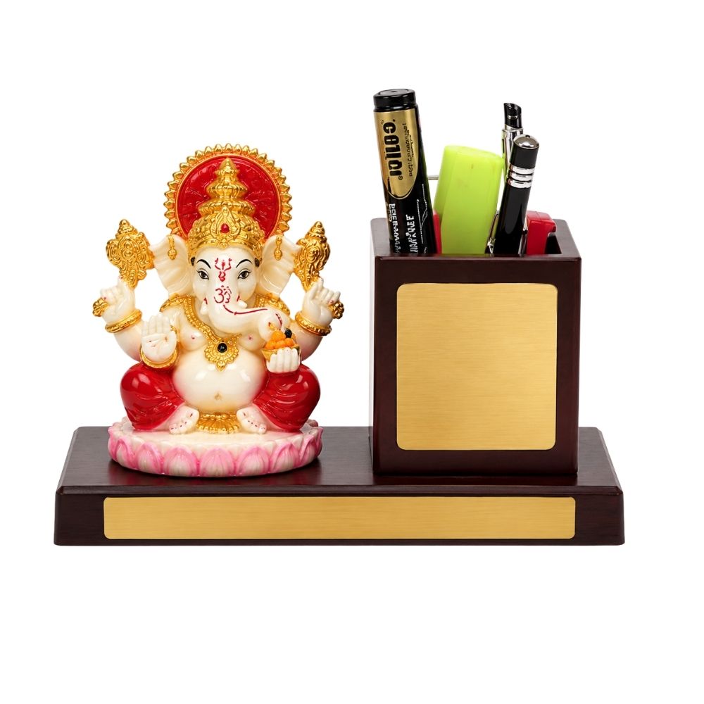 Wooden Revolving Desktop Organizer with Ganesh Ji Murti | Customized Corporate Gift