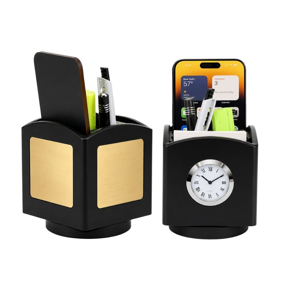 Wooden Revolving Desktop Organizer with Clock | Customized Corporate Gift