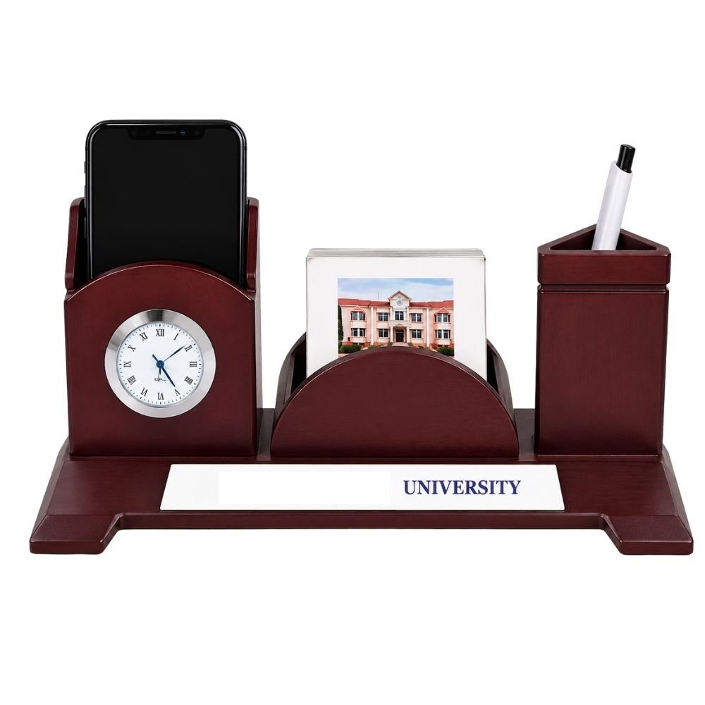 Wooden Desktop Organizer with Clock | Customized Corporate Gift