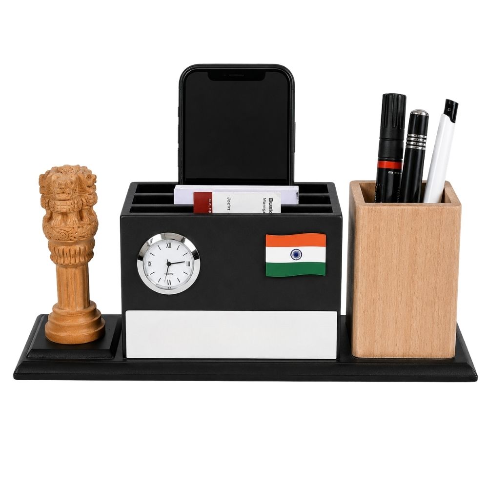 Wooden Desktop Organizer with Clock | Customized Corporate Gift