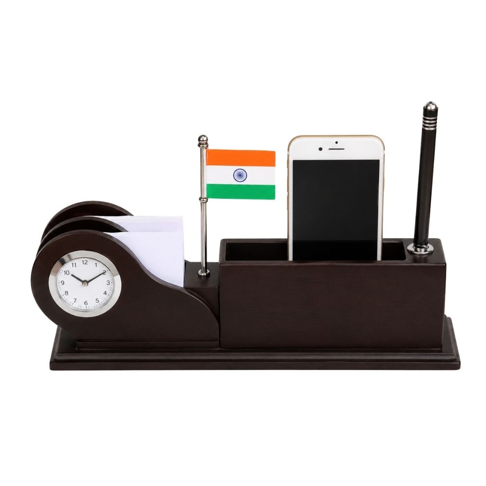 Wooden Desktop Organizer with Clock | Customized Corporate Gift