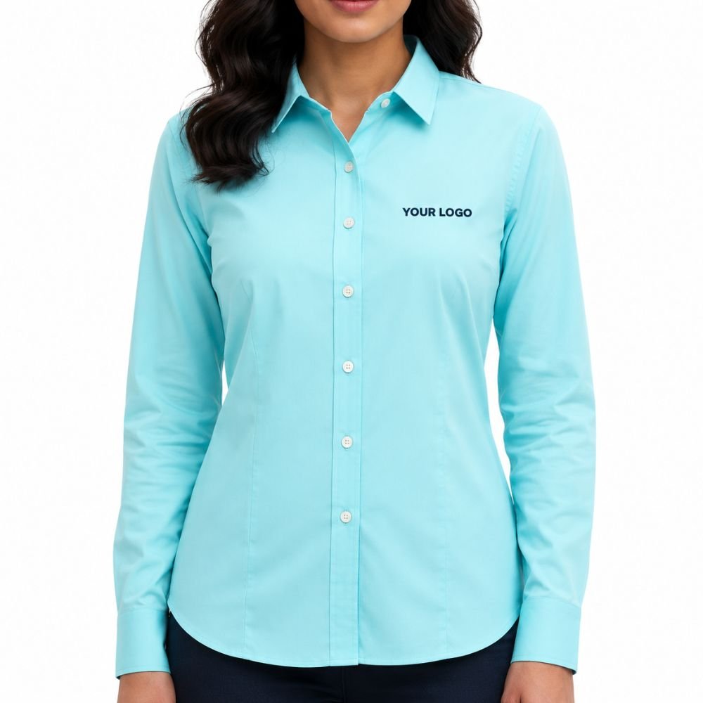 Aqua Blue Women’s Formal Shirt with Logo Embroidery | Globalware