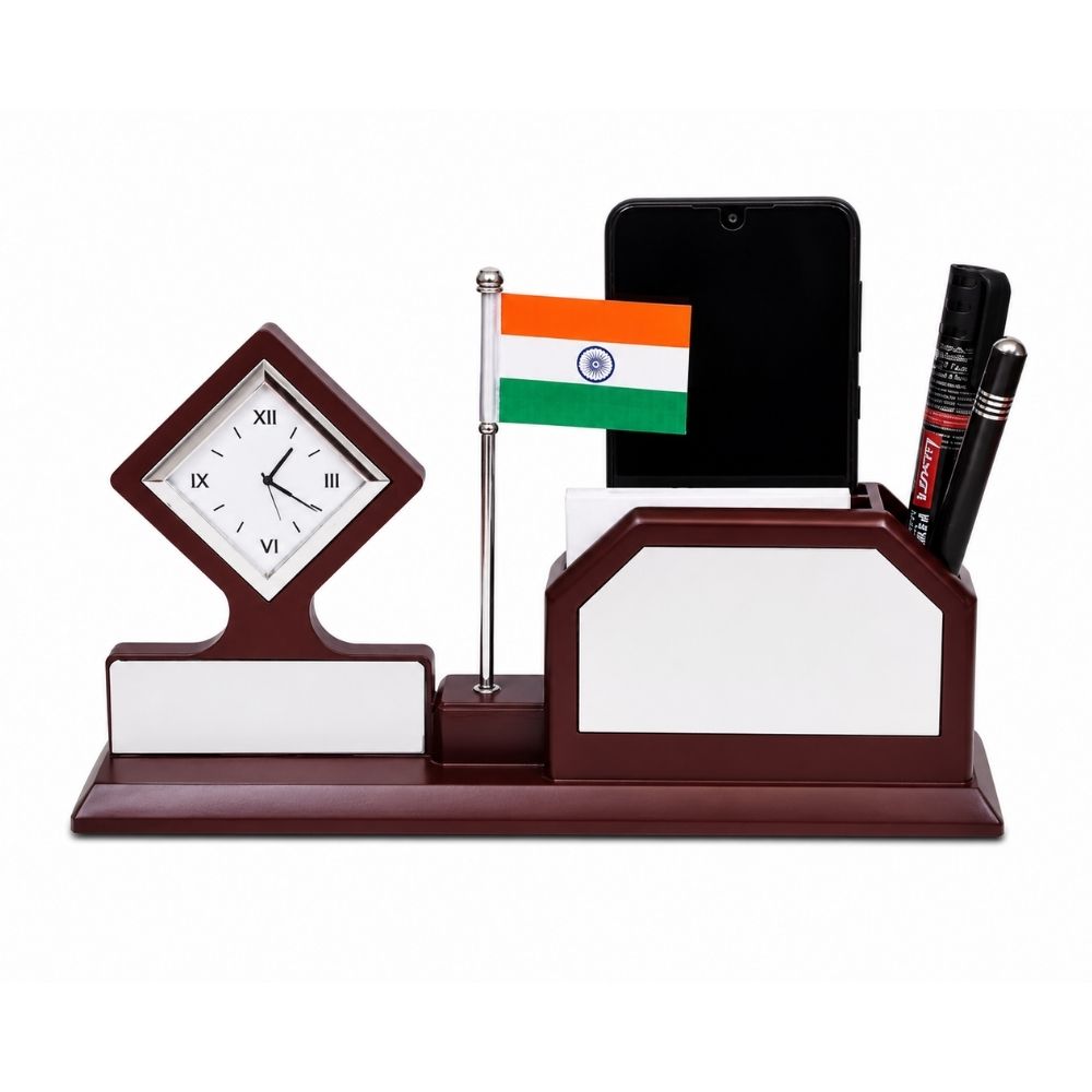 Wooden Desktop Organizer with Clock | Customized Corporate Gift