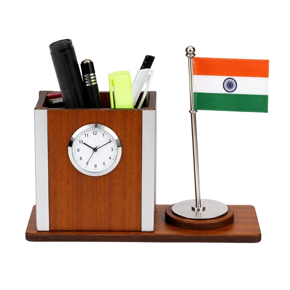 Wooden Desktop Organizer with Clock | Customized Corporate Gift